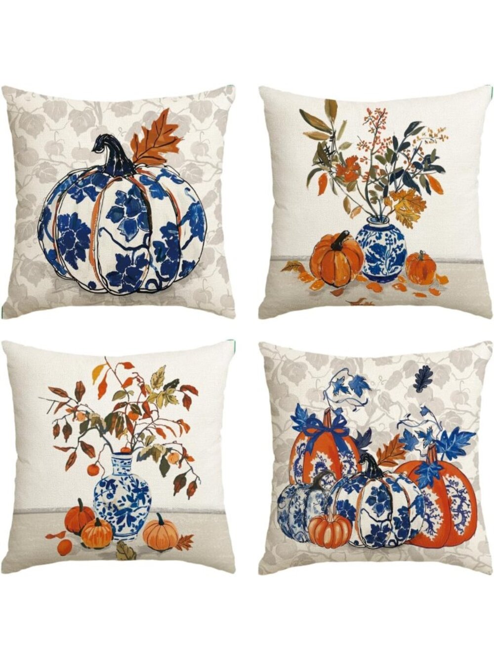 Fall Pumpkin Chinoiserie Pillow Covers Set of 4 | 20x20 Inch Decorative Cushions